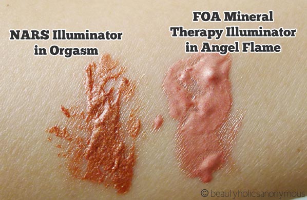 NARS Illuminator in Orgasm vs Face of Australia Mineral Therapy Illuminator in Angel Flame