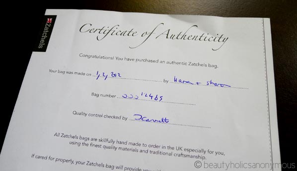 Zatchels Certificate of Authenticity