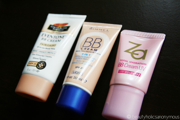 Palmer's Eventone BB Cream, Rimmel BB Cream and ZA Total Hydration BB Cream UV