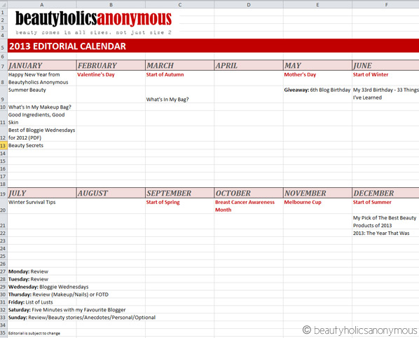 Example of Beautyholics Anonymous' 2013 Editorial Calendar