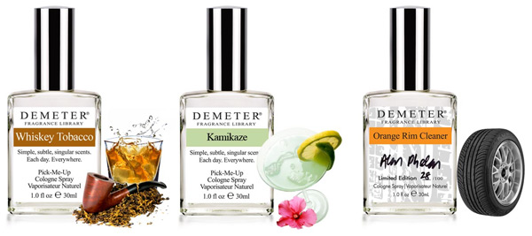 Demeter Fragrances in Whiskey Tobacco, Kamikaze and Orange Rim Cleaner