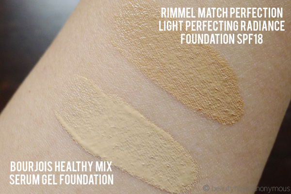 Rimmel Match Perfection Light Perfecting Radiance Foundation and Bourjois Healthy Mix Serum Gel Foundation Swatches Comparison