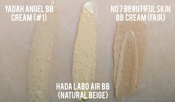 Yadah Angel BB Cream, Hada Labo Air BB, No7 Beautiful Skin BB Cream Swatches