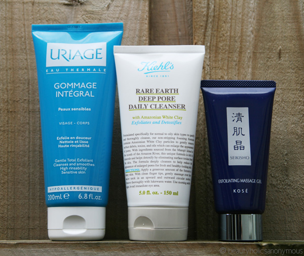 Uriage Gommage Integral Gentle Total Exfoliant, Kiehl's Rare Earth Deep Pore Daily Cleanser and Kose Seikisho Exfoliating Massage Gel