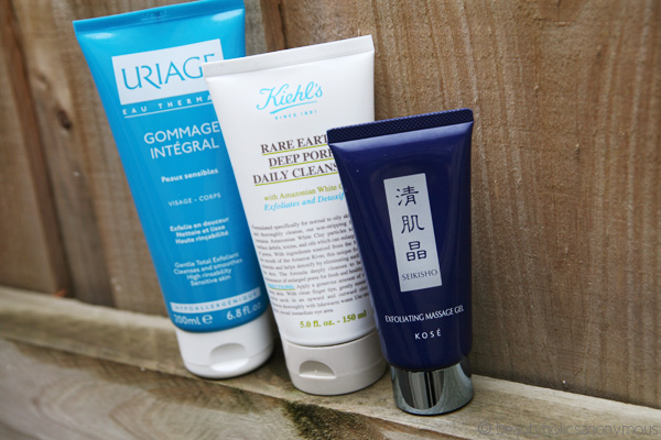 Uriage Gommage Integral Gentle Total Exfoliant, Kiehl's Rare Earth Deep Pore Daily Cleanser and Kose Seikisho Exfoliating Massage Gel