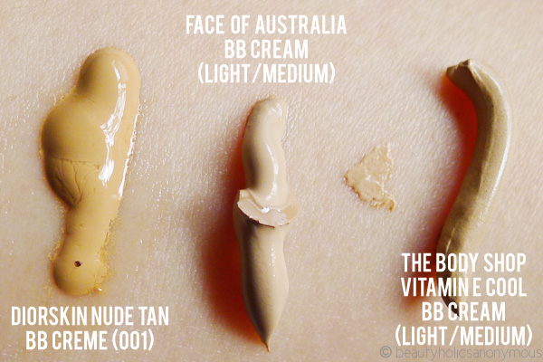 Diorskin Nude Tan BB Creme, Face of Australia BB Cream 6-in-1 and The Body Shop Vitamin E Cool BB Cream Swatches