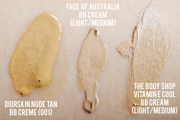 Diorskin Nude Tan BB Creme, Face of Australia BB Cream 6-in-1 and The Body Shop Vitamin E Cool BB Cream Swatches
