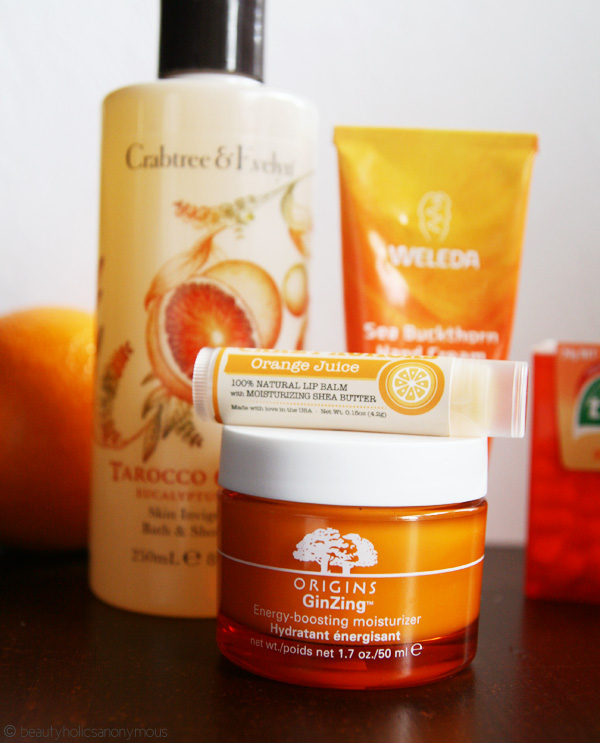 Crabtree & Evelyn Tarocco Orange Shower Gel, Weleda Sea Buckthorn Hand Cream, Origins GinZing Moisturiser, Crazy Rumors Orange Juice Lip Balm