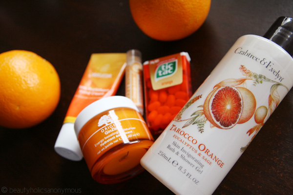 Crabtree & Evelyn Tarocco Orange Shower Gel, Weleda Sea Buckthorn Hand Cream, Origins GinZing Moisturiser, Crazy Rumors Orange Juice Lip Balm