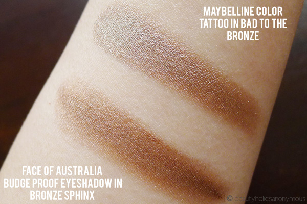 Face of Australia Budgeproof Eyeshadow in Bronze Sphinx and Maybelline Color Tattoo in Bad to the Bronze