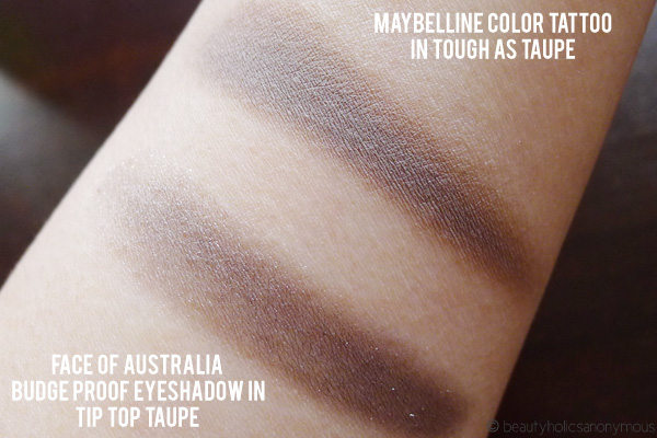 Face of Australia Budgeproof Eyeshadow in Tip Top Taupe and Maybelline Color Tattoo in Tough as Taupe