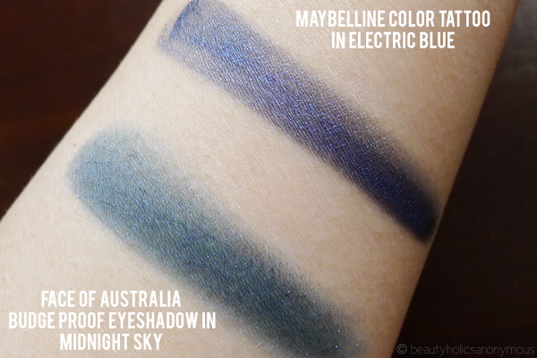 Face of Australia Budgeproof Eyeshadow in Midnight Sky and Maybelline Color Tattoo in Electric Blue