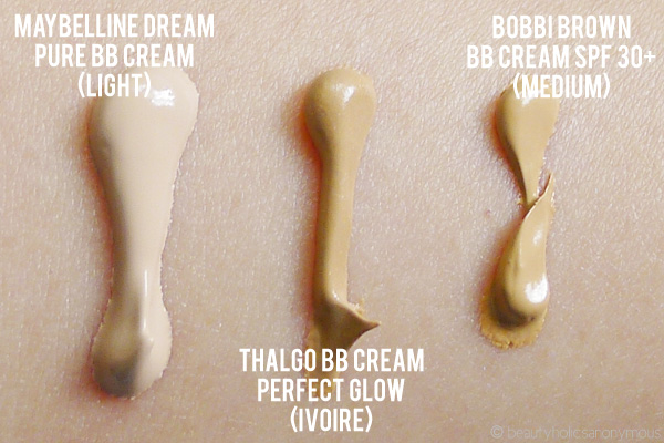 Maybelline Dream Pure BB Cream, Thalgo BB Cream Perfect Glow and Bobbi Brown BB Cream Swatches