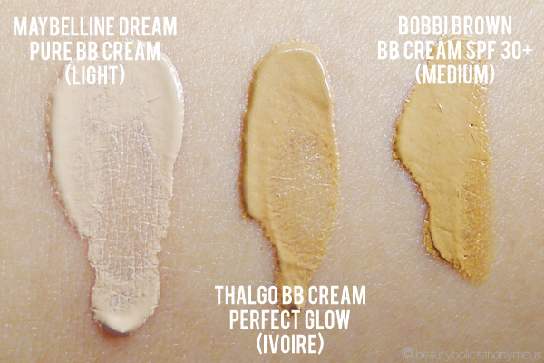 Maybelline Dream Pure BB Cream, Thalgo BB Cream Perfect Glow and Bobbi Brown BB Cream Swatches