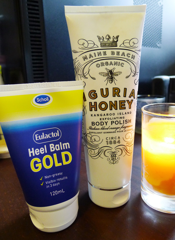 Lingurian Honey Kangaroo Island Exfoliating Body Polish by Maine Beach Organic and Scholl Eulactol Heel Balm Gold