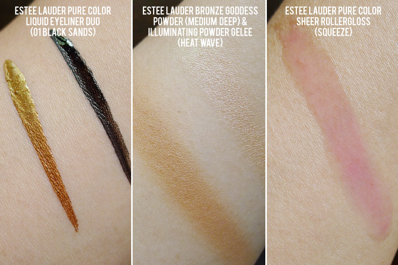 Estee Lauder Pure Color Liquid Eyeliner Duo in Black Sands, Bronzer in Medium Deep and RollerGloss in Squeeze Swatches