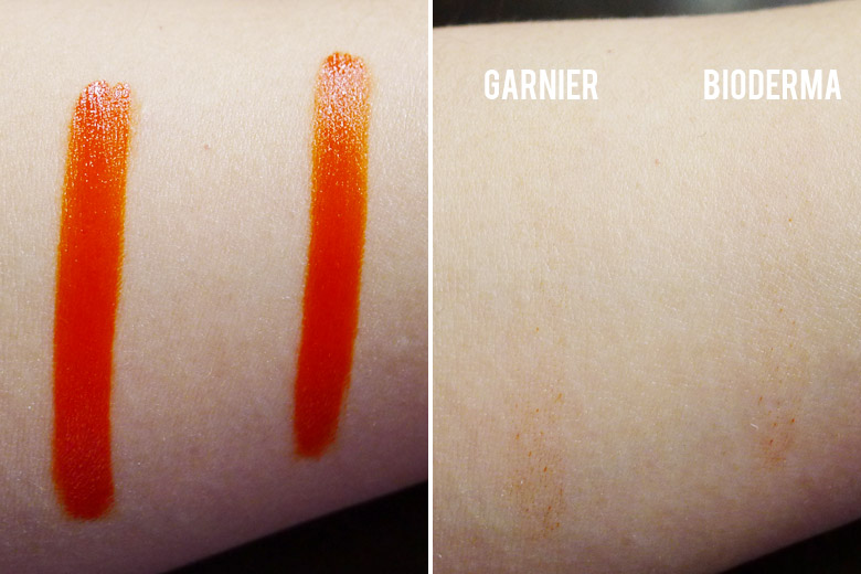 Garnier Micellar Cleansing Water and Bioderma Crealine H20 Swatch Removal Comparison