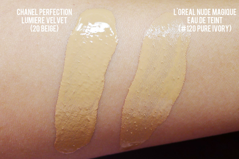 Chanel Perfection Lumiere Velvet Smooth-Effect Makeup and L'Oreal Nude Magique Eau de Teint Swatch Comparison