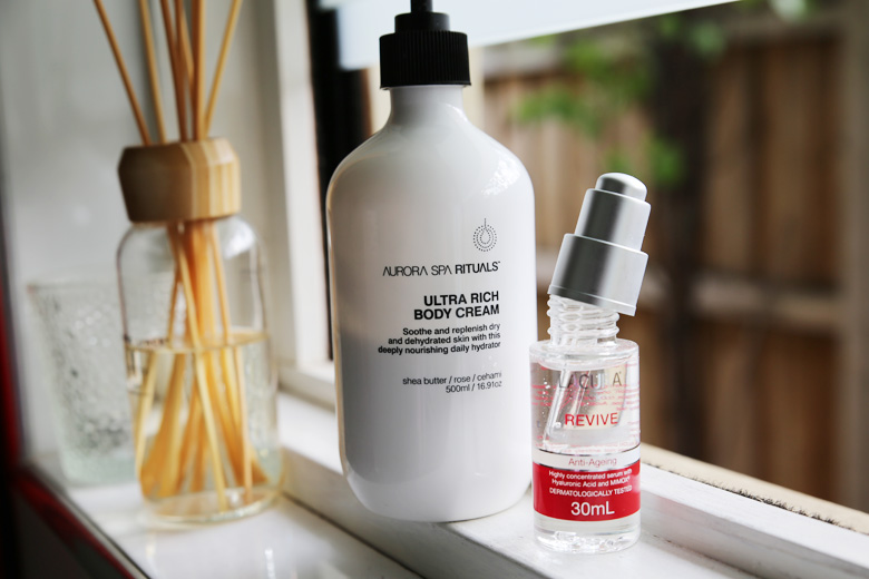 Aurora Spa Rituals Ultra Body Moisturiser and Aldi Lacura Revive Hyaluronic Gel