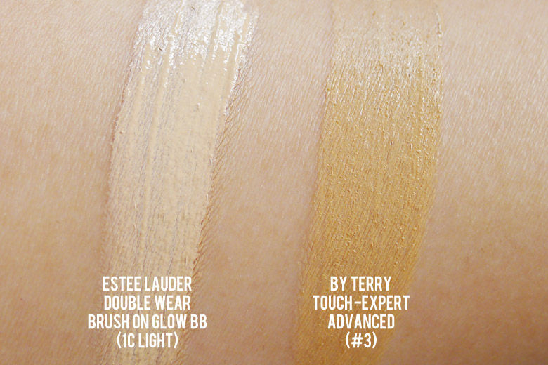 Estee Lauder's Double Wear Brush-On Glow BB Highlighter and By Terry Touch Expert Advanced Ultra-Radiance Active Concealer Swatches