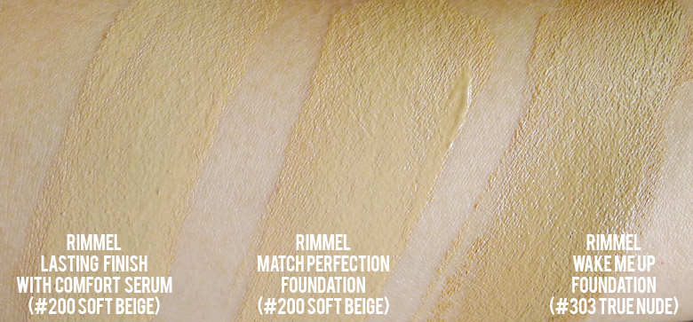 Rimmel Lasting Finish with Comfort Serum Skin Perfecting Full Coverage Foundation, Match Perfection and Wake Me Up Foundation Swatch Comparison