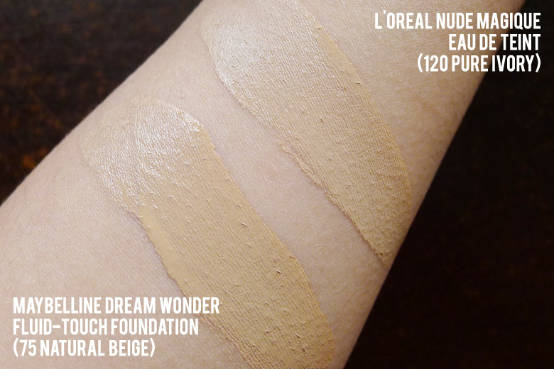 Maybelline Dream Wonder Fluid-Touch Foundation and L'Oreal Nude Magique Eau de Teint Swatch Comparison