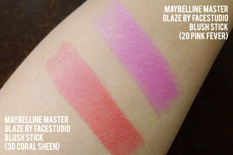 Maybelline Master Glaze by FaceStudio Blush Sticks in Pink Fever and Coral Sheen Swatch