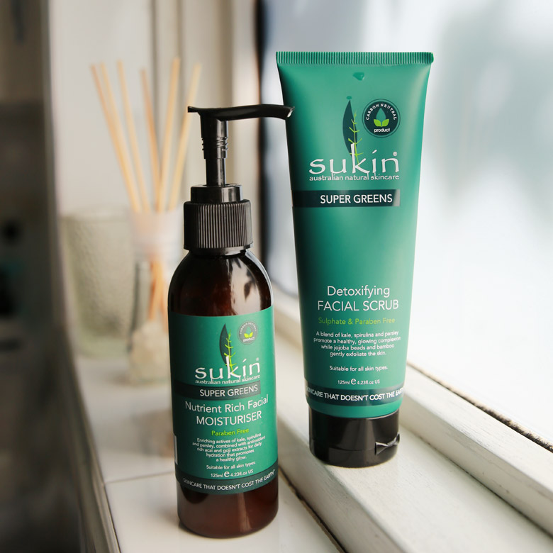 Sukin Super Greens Nutrient Rich Facial Moisturiser and Detoxifying Facial Scrub