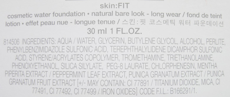 Shu Uemura Skin:FIT Cosmetic Water Foundation Ingredients
