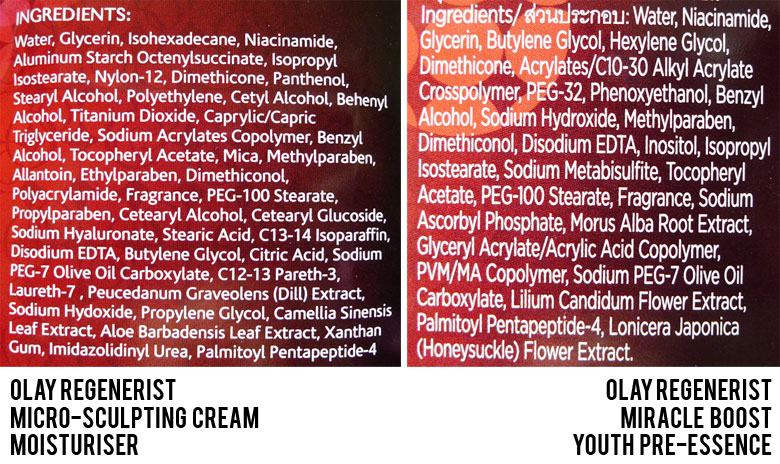 Olay Regenerist Micro Sculpting Cream Moisturiser and Miracle Boost Youth Pre-Essence Ingredients
