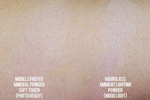 Models Prefer Mineral Powder Soft Touch Powder in Photo Ready and Hourglass Ambient Lighting Powder in Mood Light Swatch Comparison